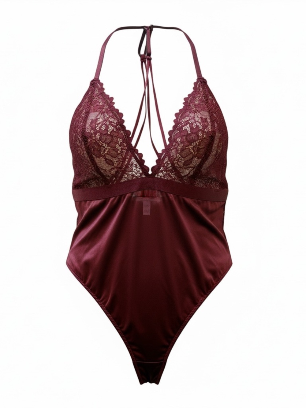 Auden Lace Satin Teddy Bodysuit Burgundy Strappy Lingerie NWT Small